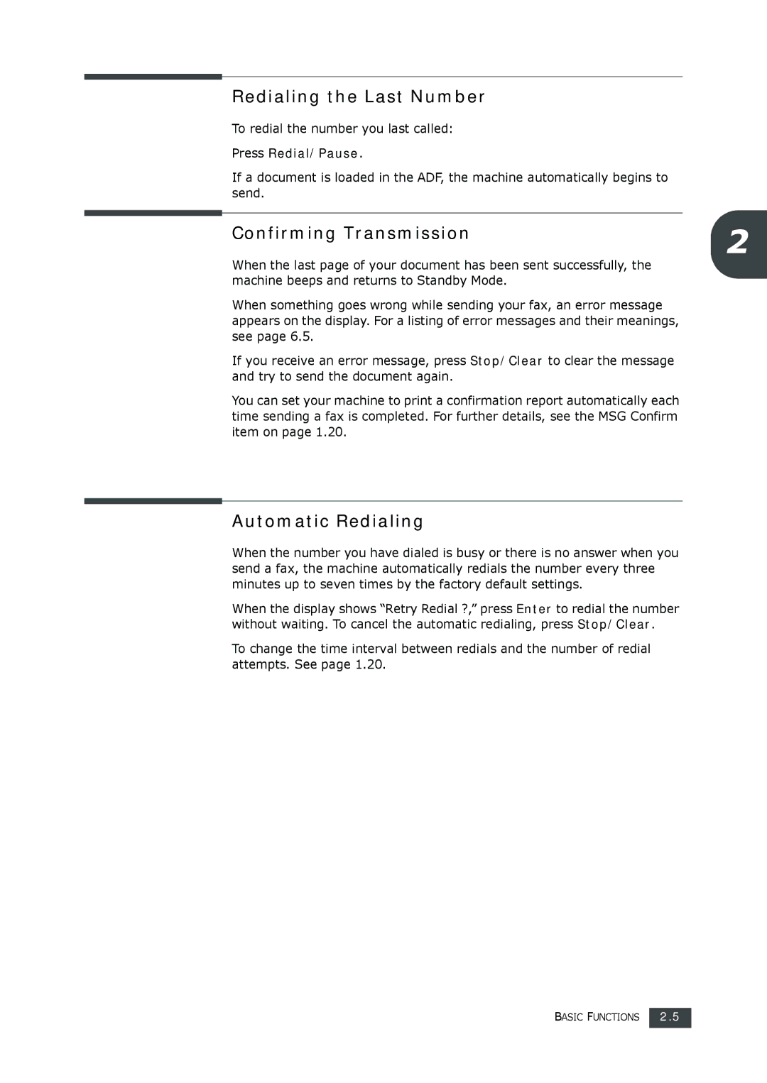 Samsung SF-560 manual Redialing the Last Number, Confirming Transmission, Automatic Redialing 