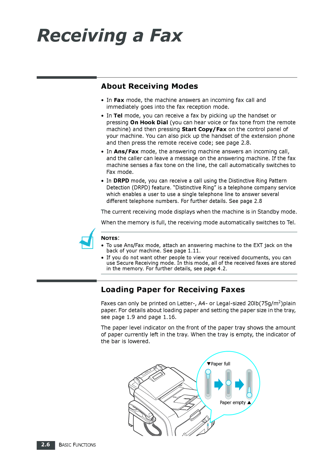 Samsung SF-560 manual About Receiving Modes, Loading Paper for Receiving Faxes 