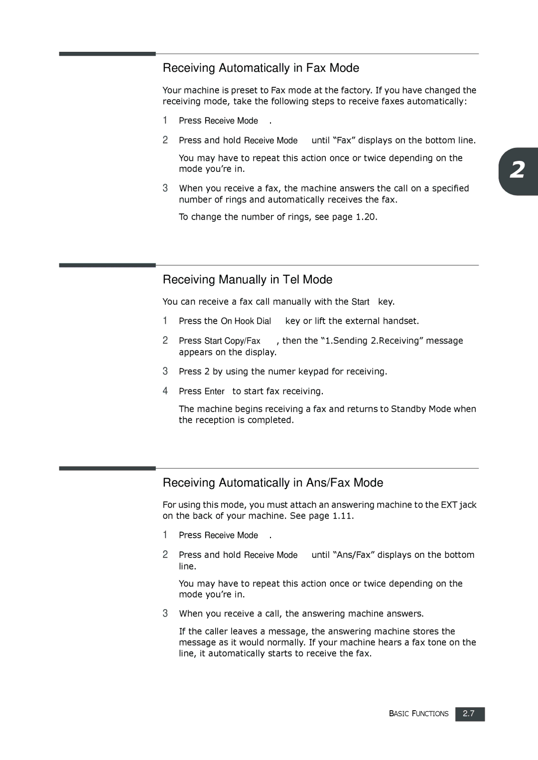 Samsung SF-560 manual Receiving Automatically in Fax Mode, Receiving Manually in Tel Mode 