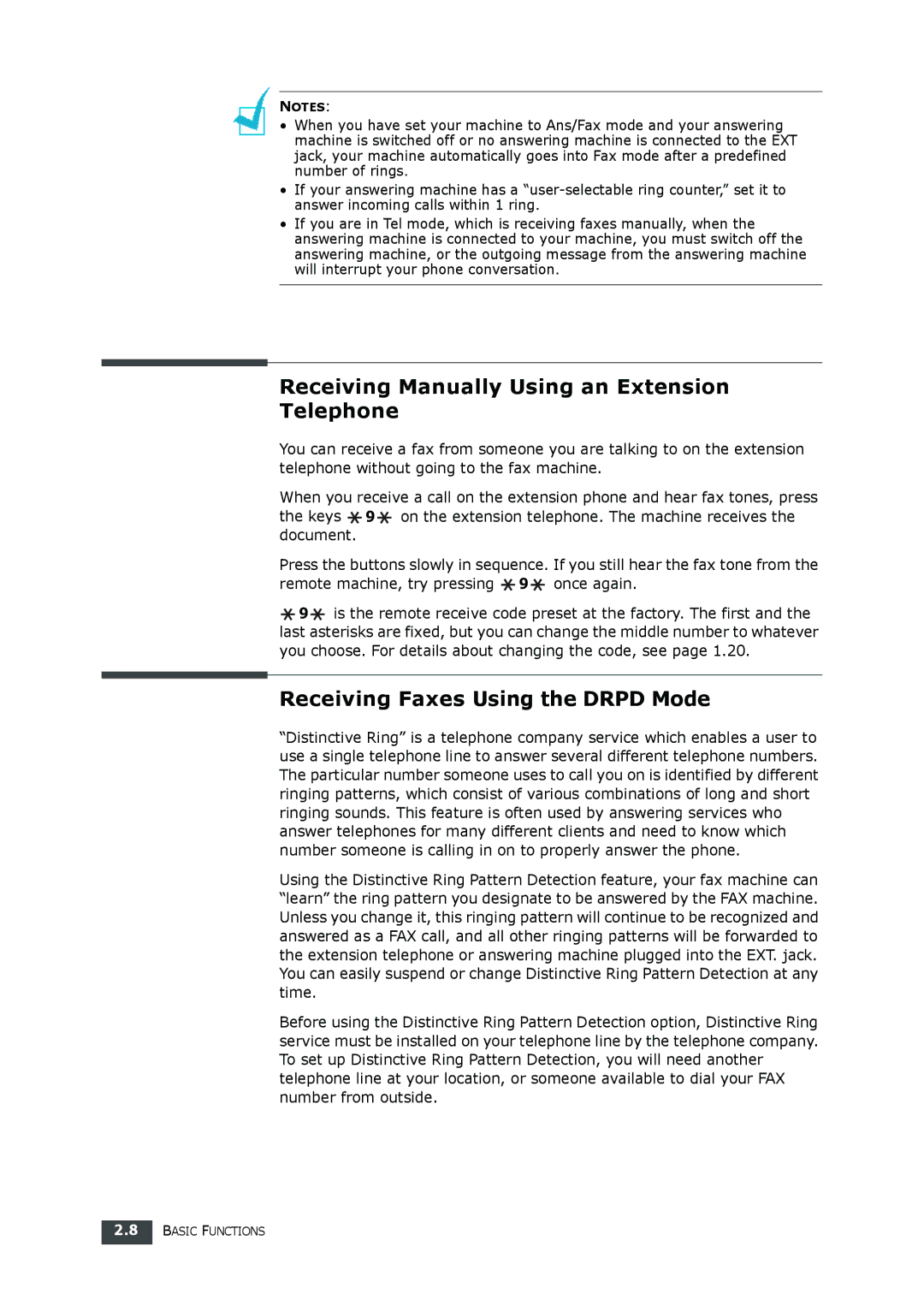 Samsung SF-560 manual Receiving Manually Using an Extension Telephone, Receiving Faxes Using the Drpd Mode 