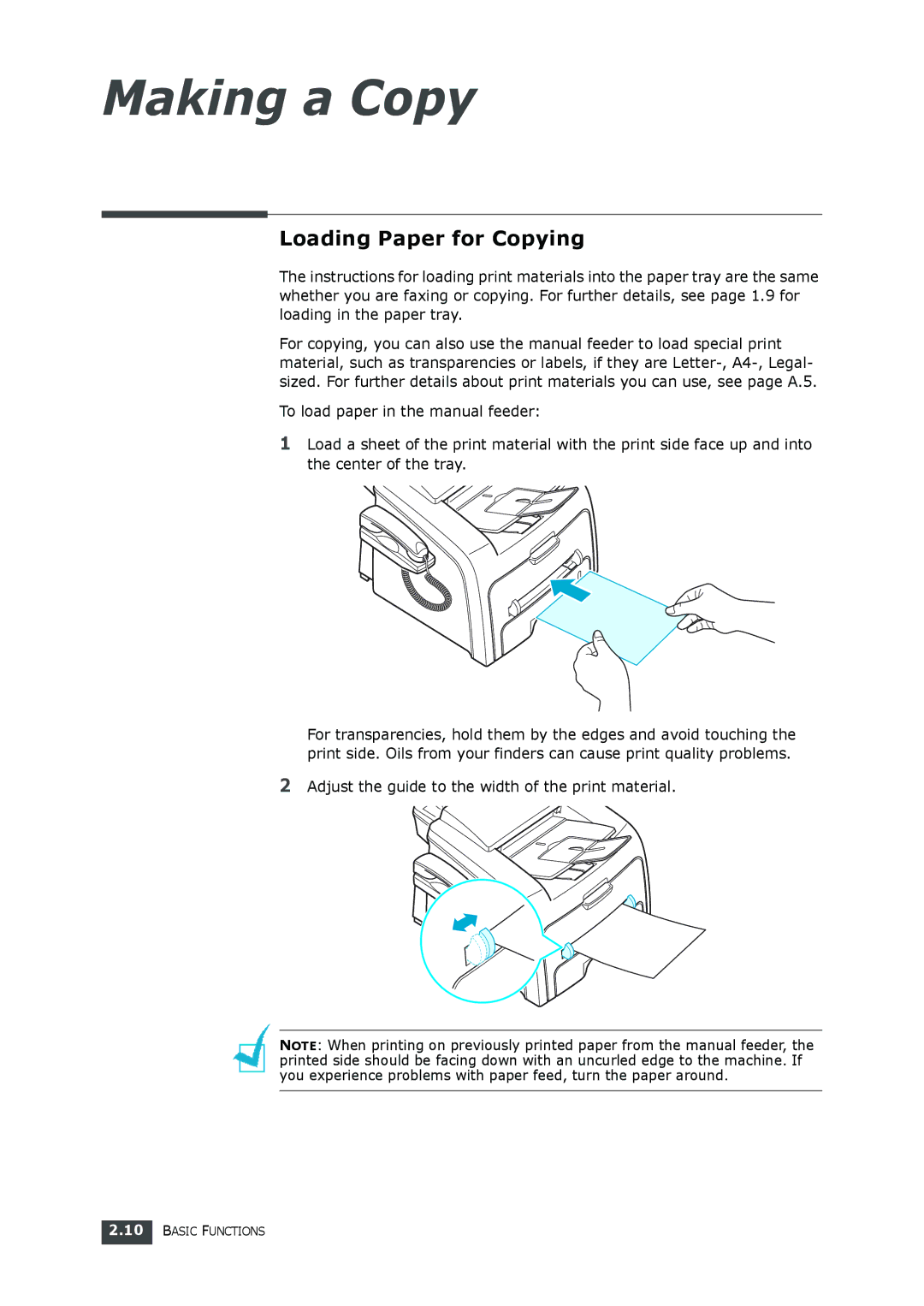 Samsung SF-560 manual Loading Paper for Copying, Adjust the guide to the width of the print material 