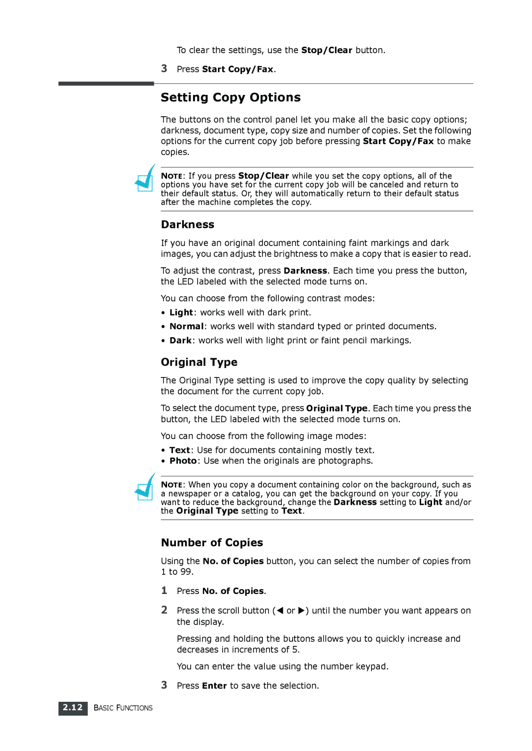 Samsung SF-560 manual Setting Copy Options, To clear the settings, use the Stop/Clear button 