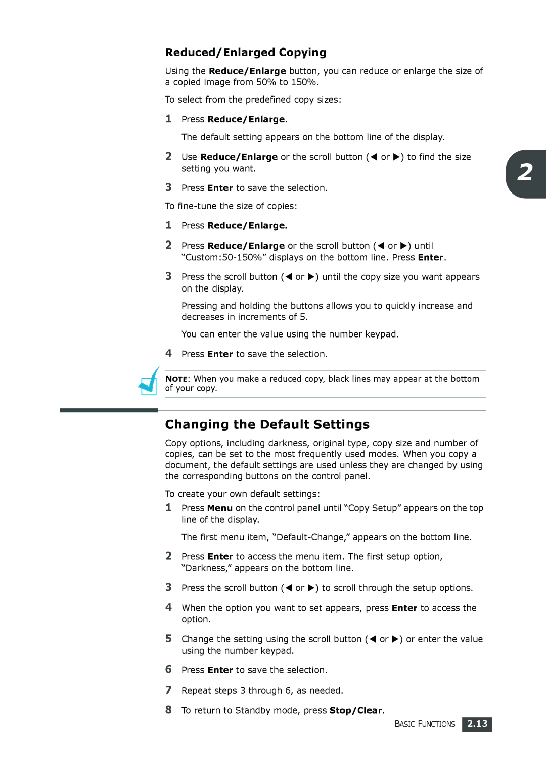 Samsung SF-560 manual Changing the Default Settings, Reduced/Enlarged Copying 