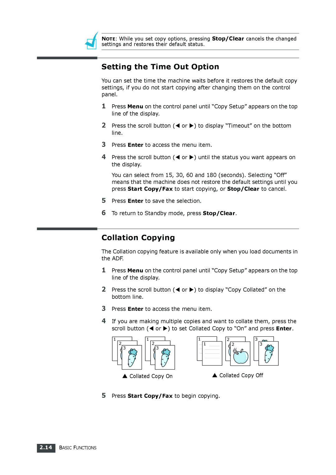 Samsung SF-560 Setting the Time Out Option, Collation Copying, Collated Copy On, Press Start Copy/Fax to begin copying 