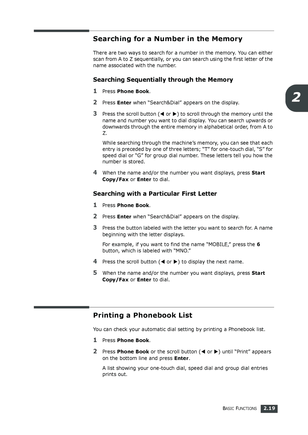 Samsung SF-560 manual Searching for a Number in the Memory, Searching Sequentially through the Memory 