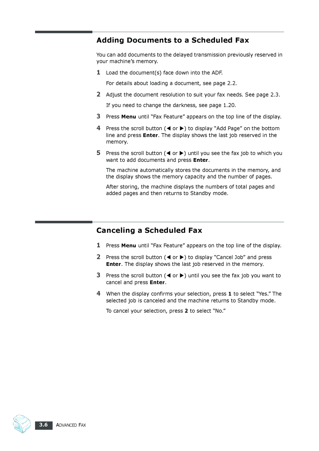 Samsung SF-560 manual Adding Documents to a Scheduled Fax, Canceling a Scheduled Fax 