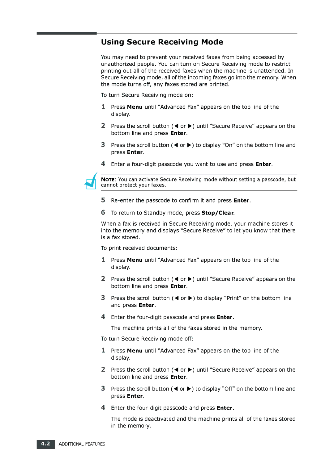 Samsung SF-560 manual Using Secure Receiving Mode 