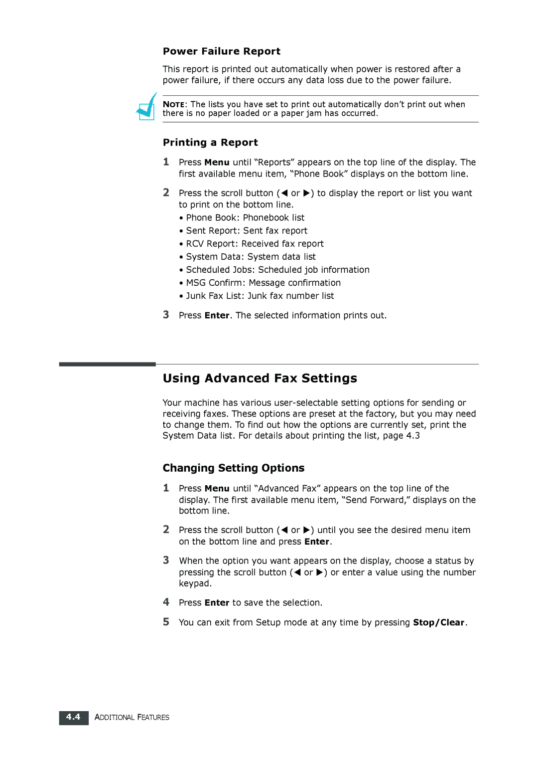 Samsung SF-560 manual Using Advanced Fax Settings, Power Failure Report, Printing a Report, Changing Setting Options 