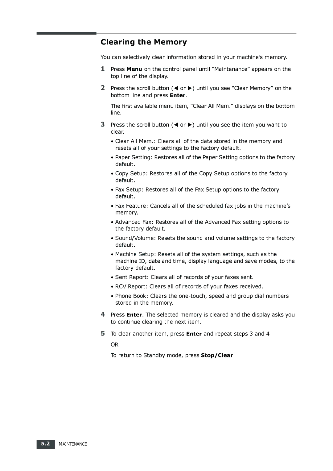 Samsung SF-560 manual Clearing the Memory 