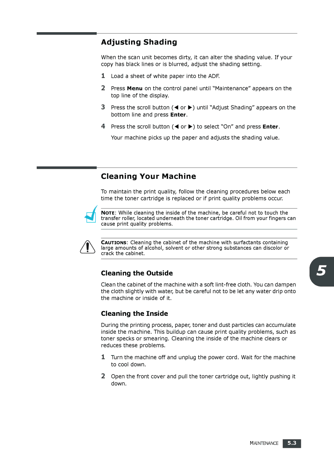 Samsung SF-560 manual Adjusting Shading, Cleaning Your Machine, Cleaning the Outside, Cleaning the Inside 