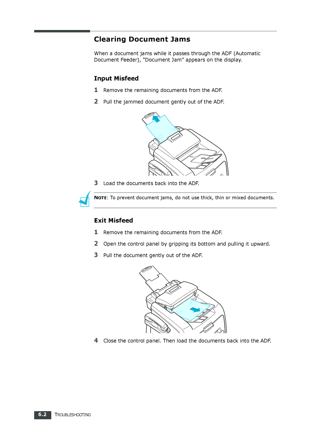 Samsung SF-560 manual Clearing Document Jams, Input Misfeed, Exit Misfeed 