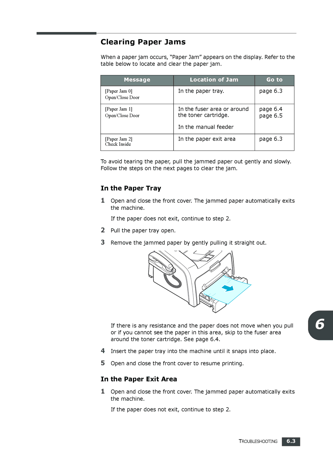 Samsung SF-560 manual Clearing Paper Jams, Paper Tray, Paper Exit Area 