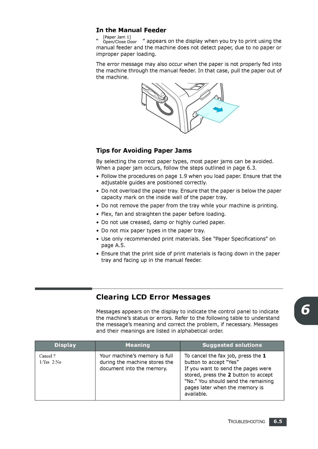 Samsung SF-560 manual Clearing LCD Error Messages, Manual Feeder, Tips for Avoiding Paper Jams 