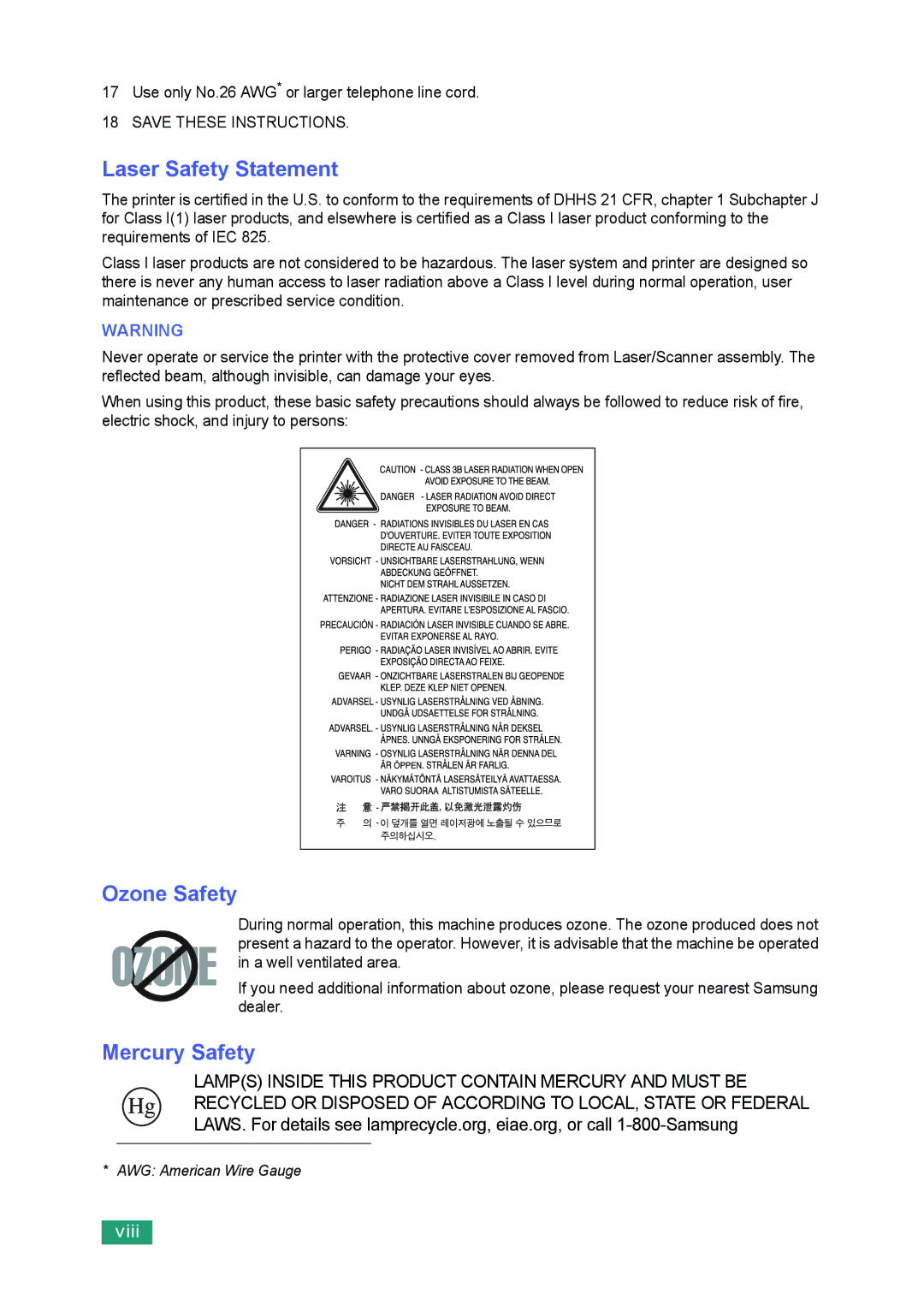 Samsung SF-560 manual Laser Safety Statement 