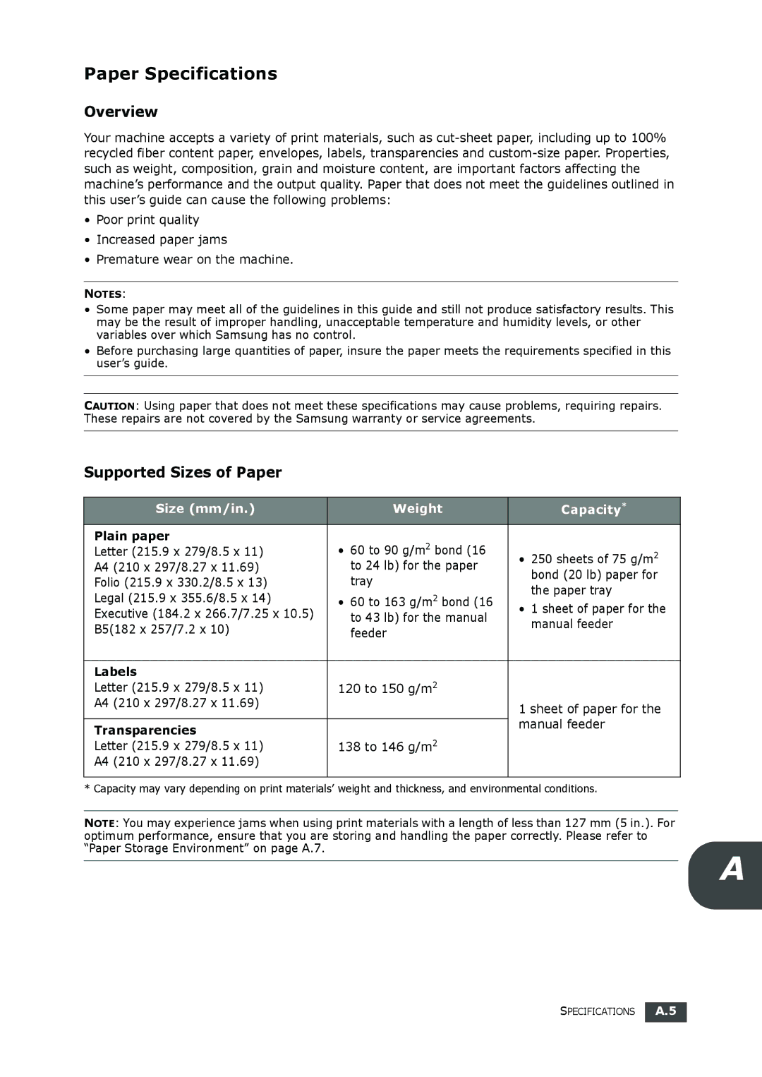 Samsung SF-560 manual Paper Specifications, Overview, Supported Sizes of Paper 