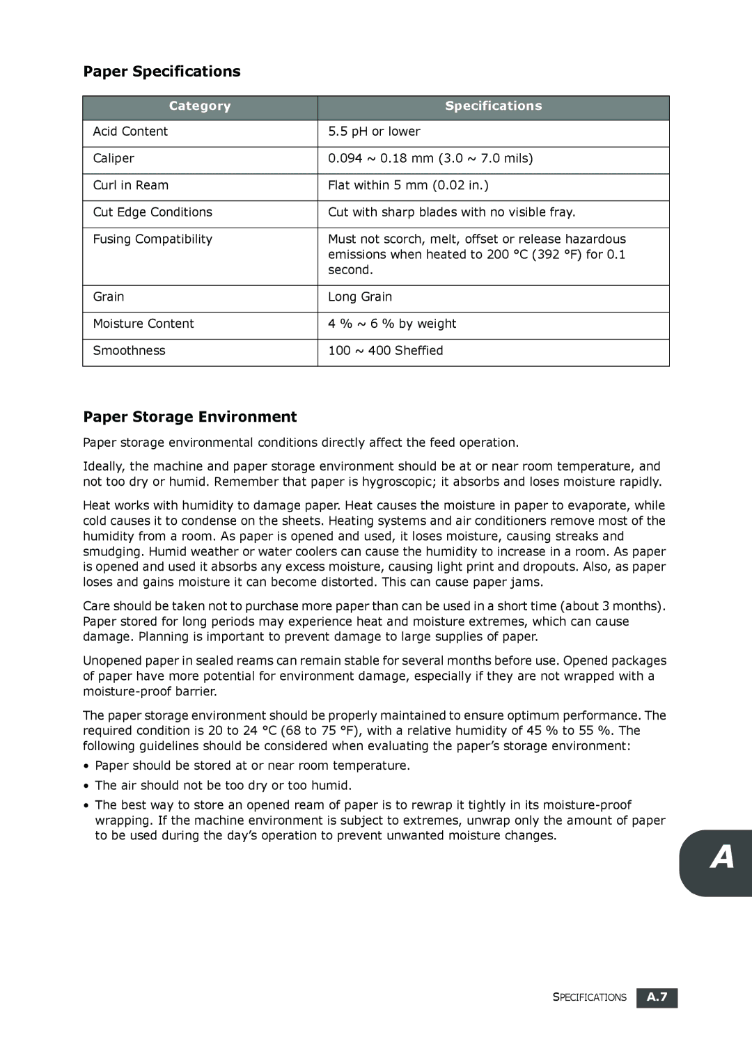 Samsung SF-560 manual Paper Specifications, Paper Storage Environment 