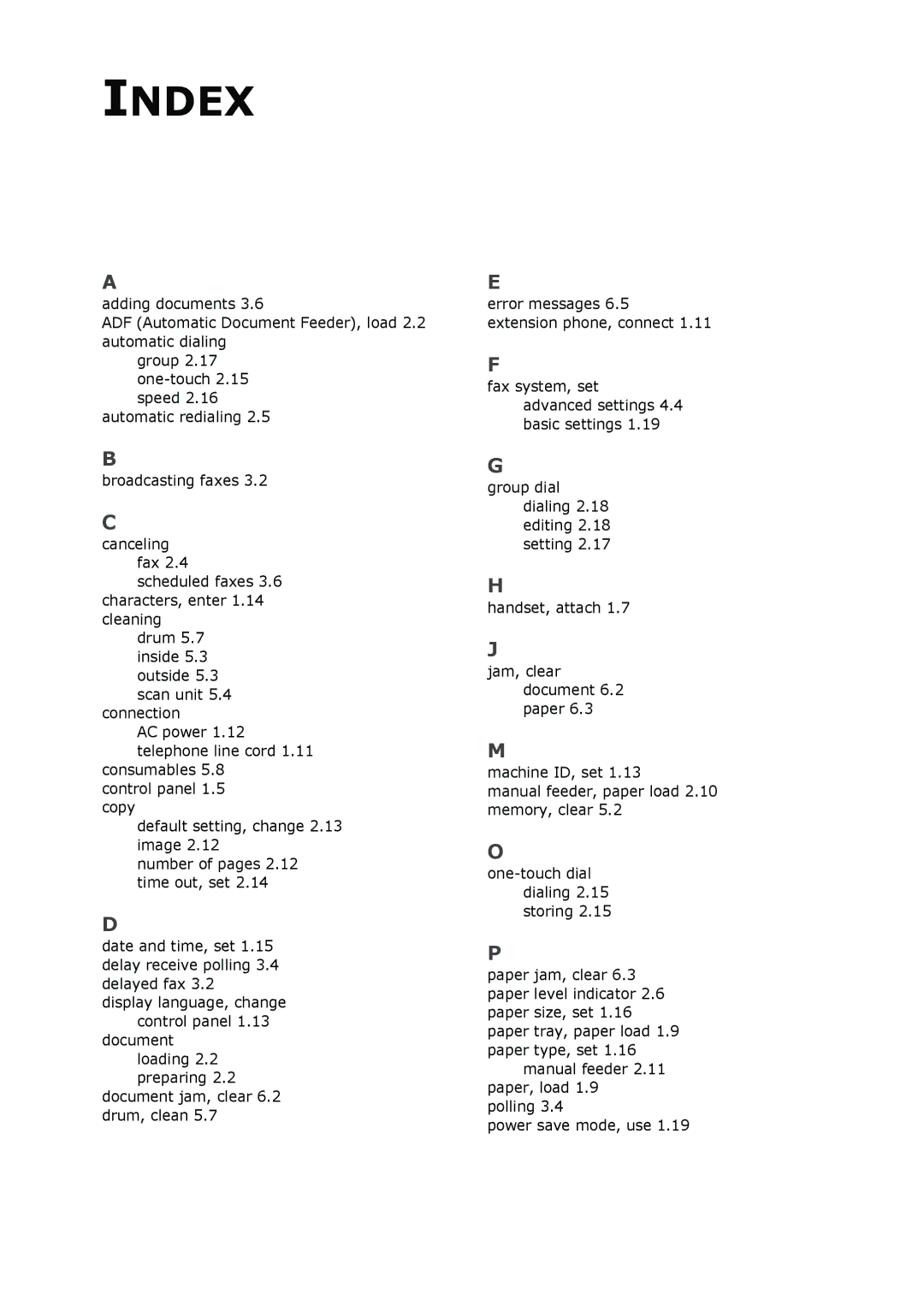 Samsung SF-560 manual Index 