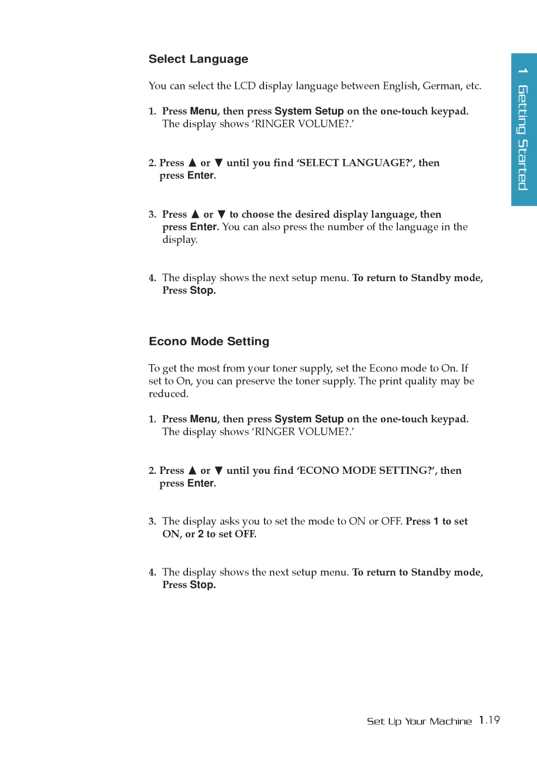 Samsung SF-5800P manual Select Language, Econo Mode Setting, Press Enter Press ¹ or, ON, or 2 to set OFF 