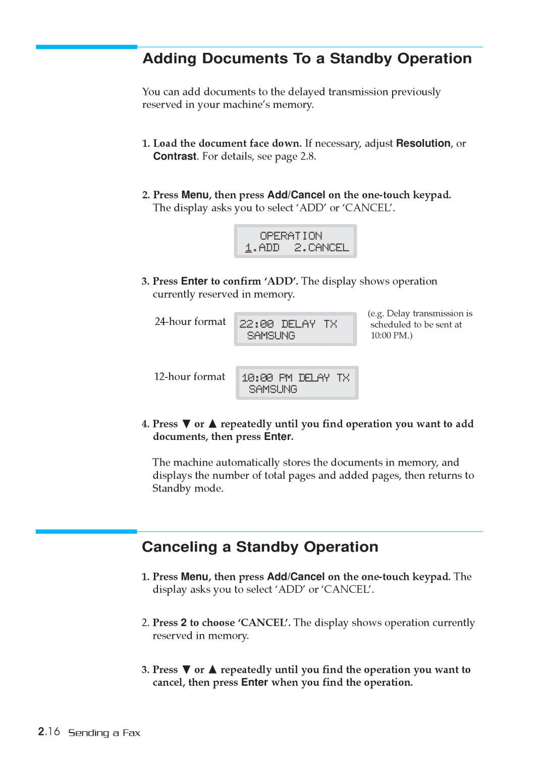 Samsung SF-5800P manual Adding Documents To a Standby Operation, Canceling a Standby Operation 