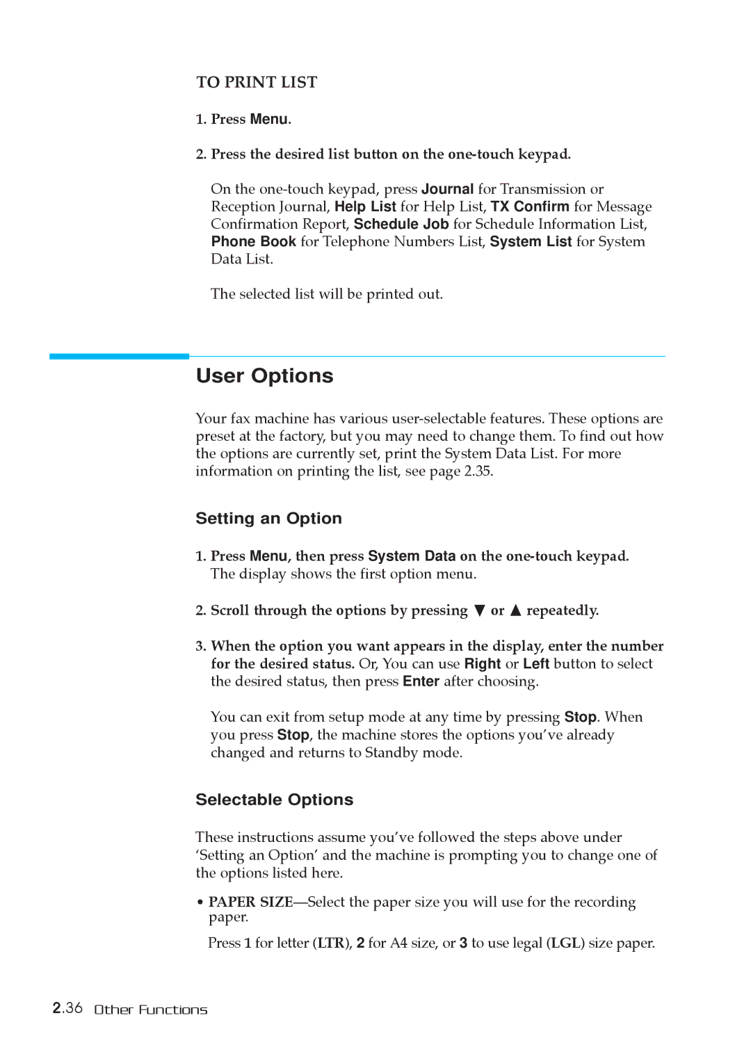 Samsung SF-5800P manual User Options, Setting an Option, Selectable Options 