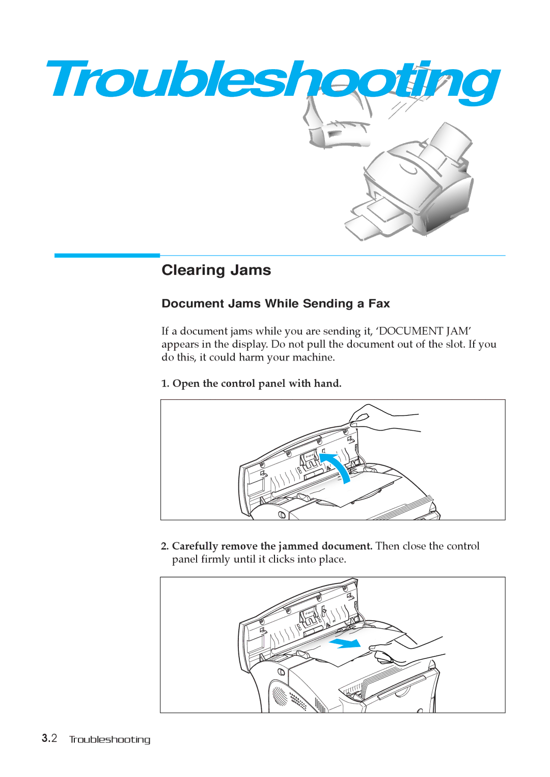 Samsung SF-5800P manual Troubleshooting, Clearing Jams, Document Jams While Sending a Fax 