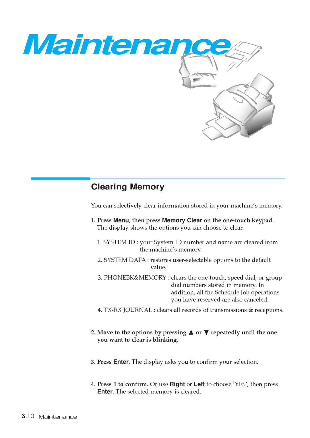 Samsung SF-5800P manual Maintenance, Clearing Memory 