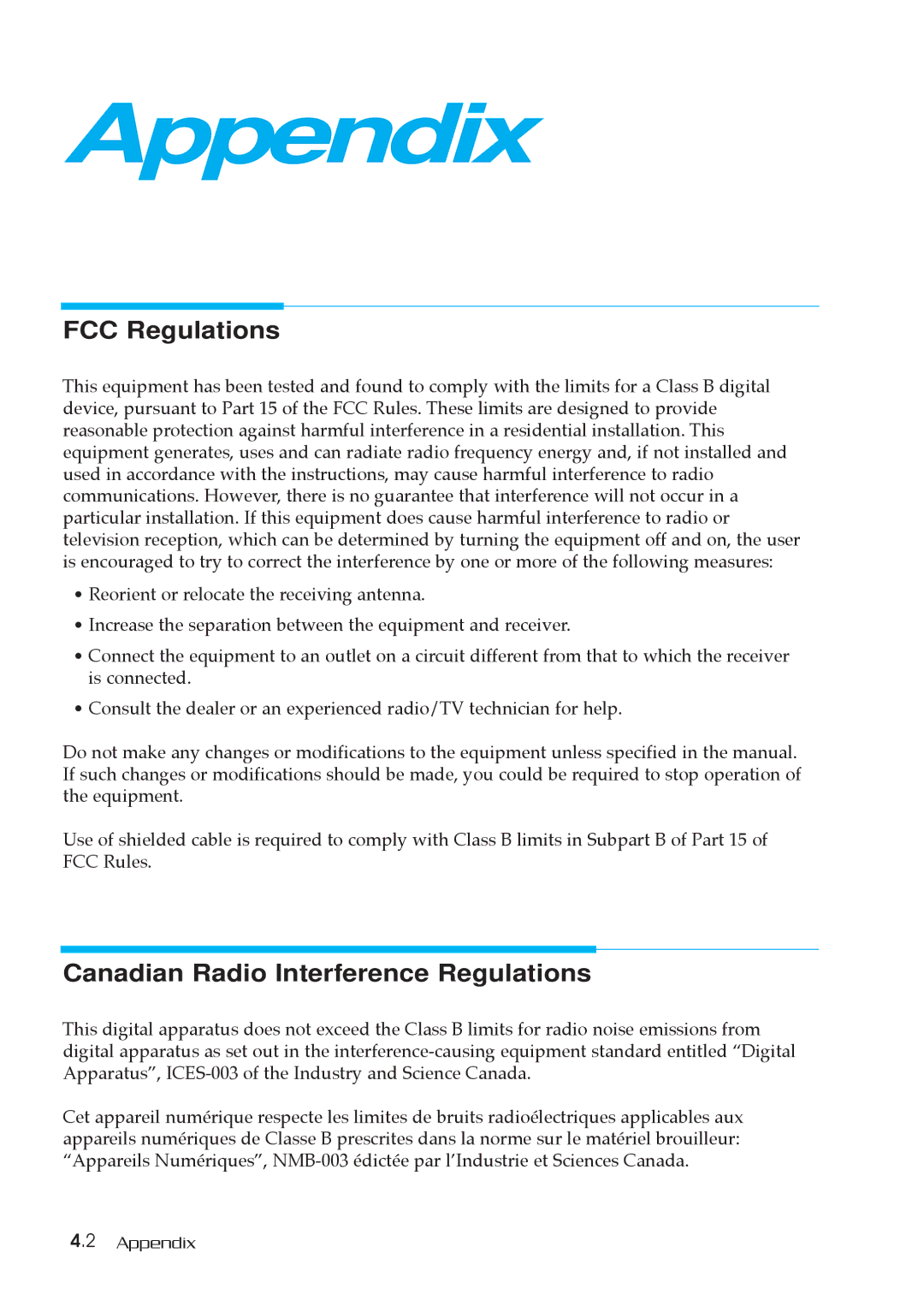 Samsung SF-5800P manual Appendix, FCC Regulations, Canadian Radio Interference Regulations 