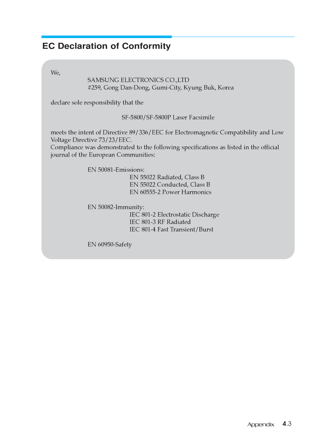 Samsung SF-5800P manual EC Declaration of Conformity 