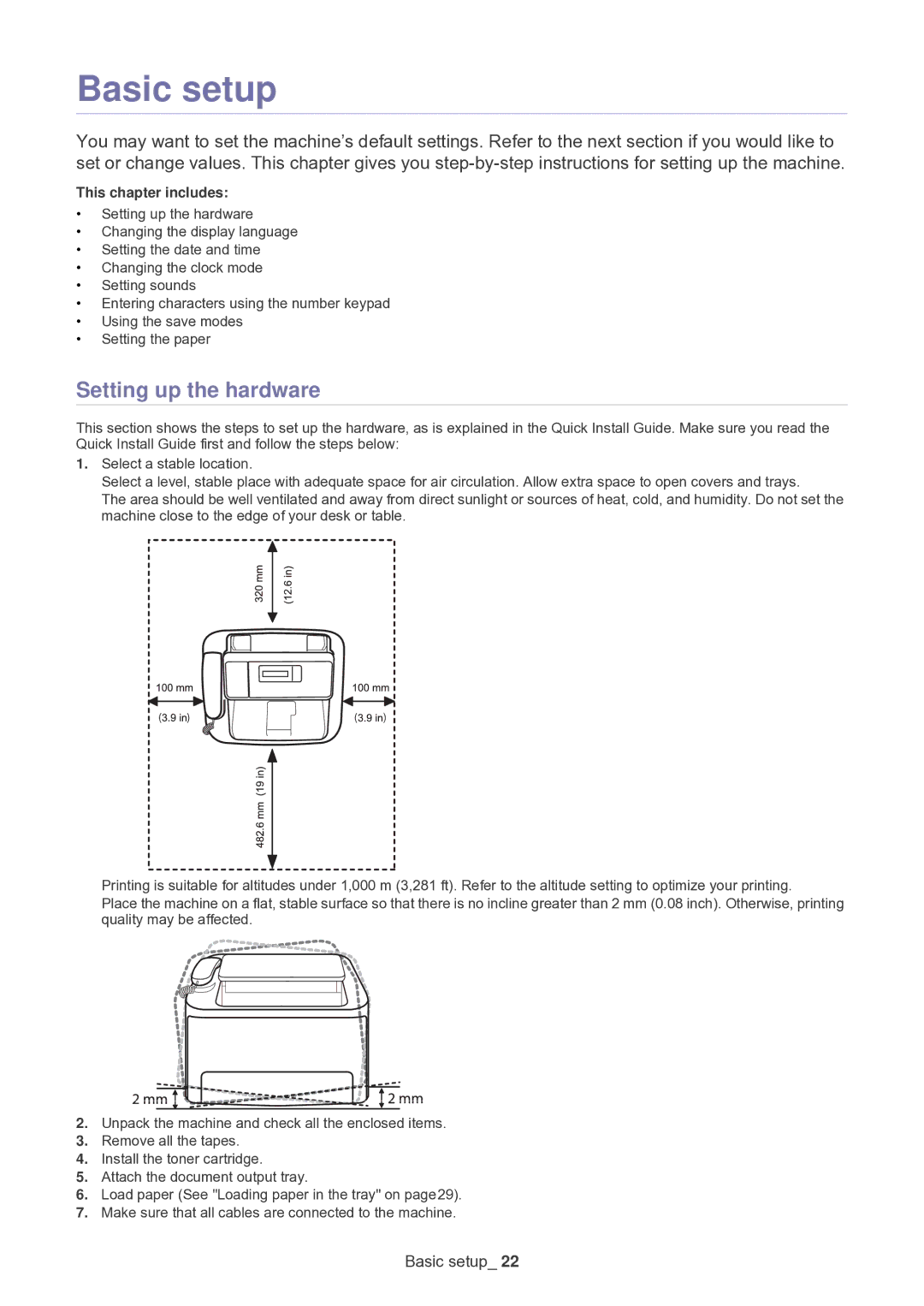 Samsung SF-650 manual Basic setup, Setting up the hardware 