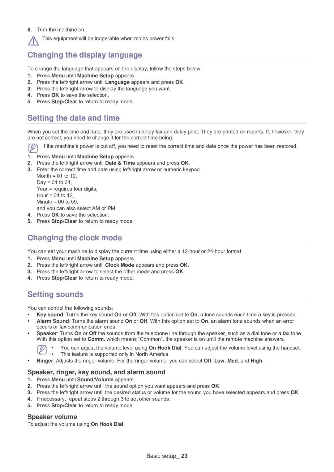 Samsung SF-650 manual Changing the display language, Setting the date and time, Changing the clock mode, Setting sounds 