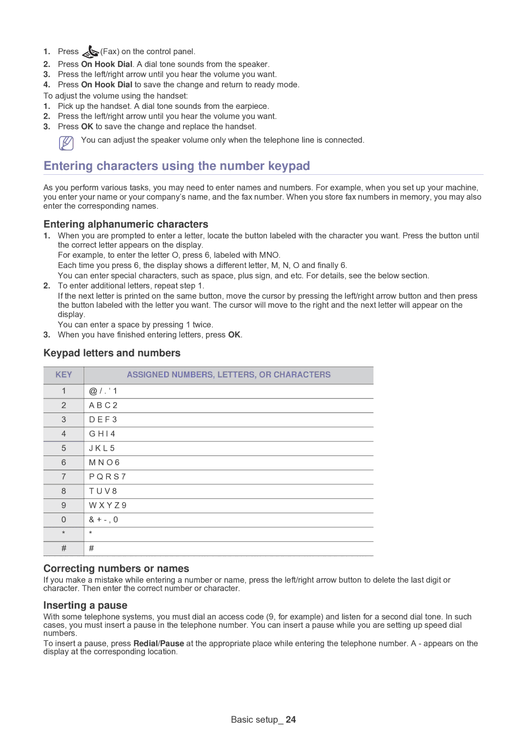 Samsung SF-650 Entering characters using the number keypad, Entering alphanumeric characters, Keypad letters and numbers 