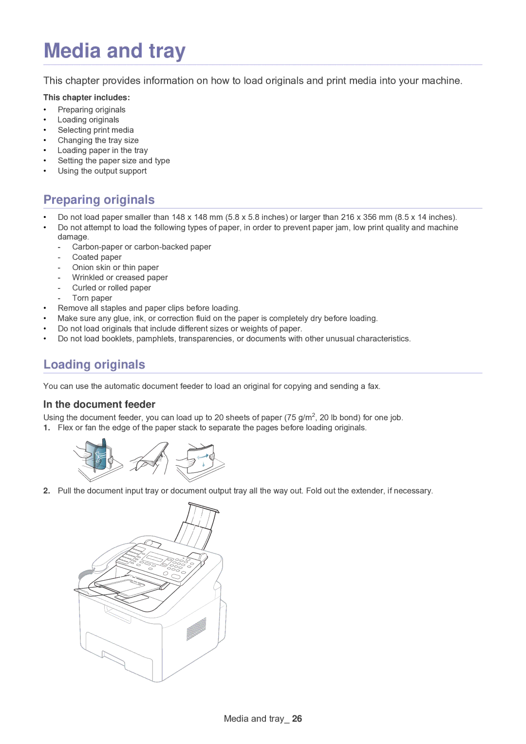 Samsung SF-650 manual Media and tray, Preparing originals, Loading originals, Document feeder 