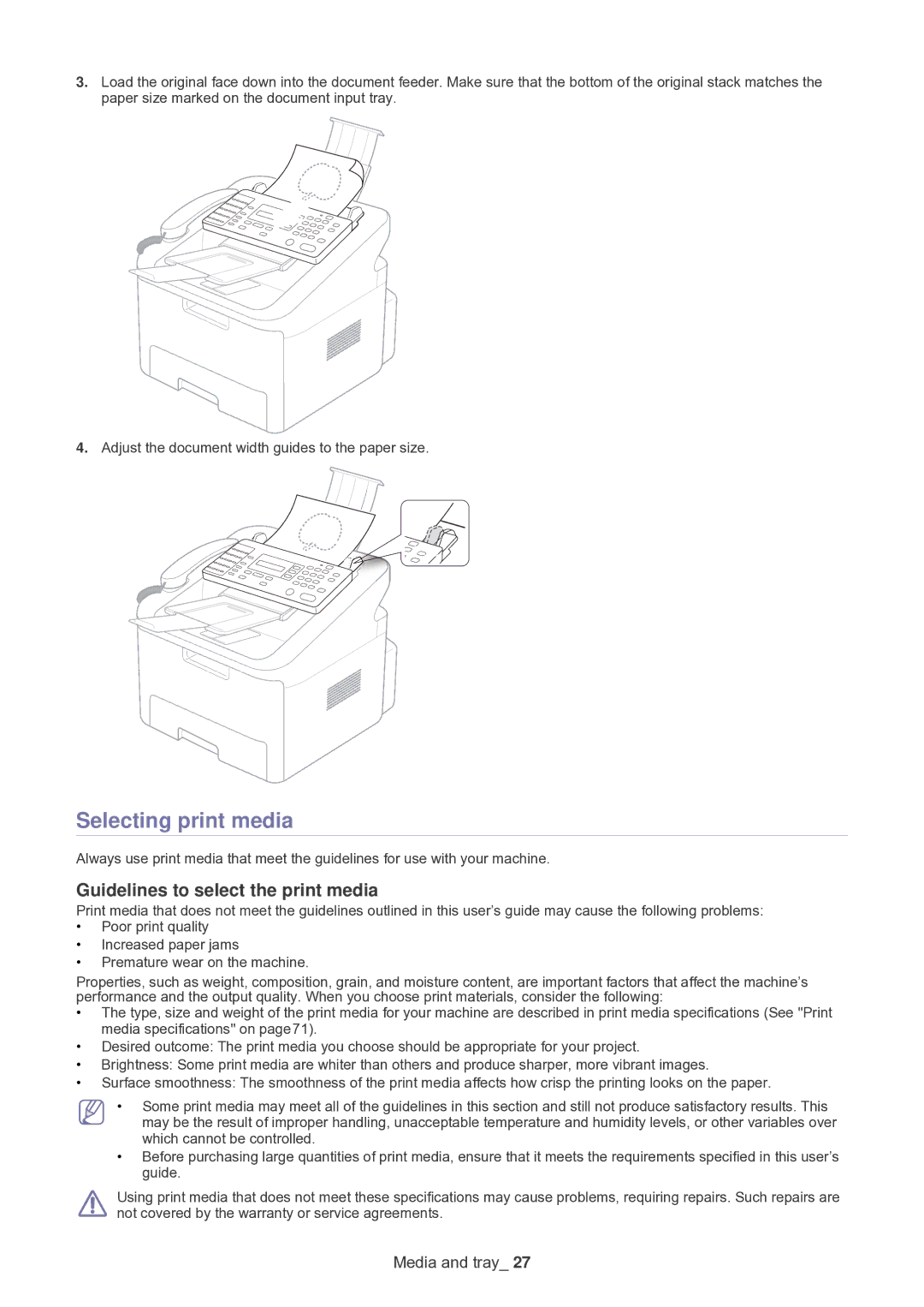 Samsung SF-650 manual Selecting print media, Guidelines to select the print media 