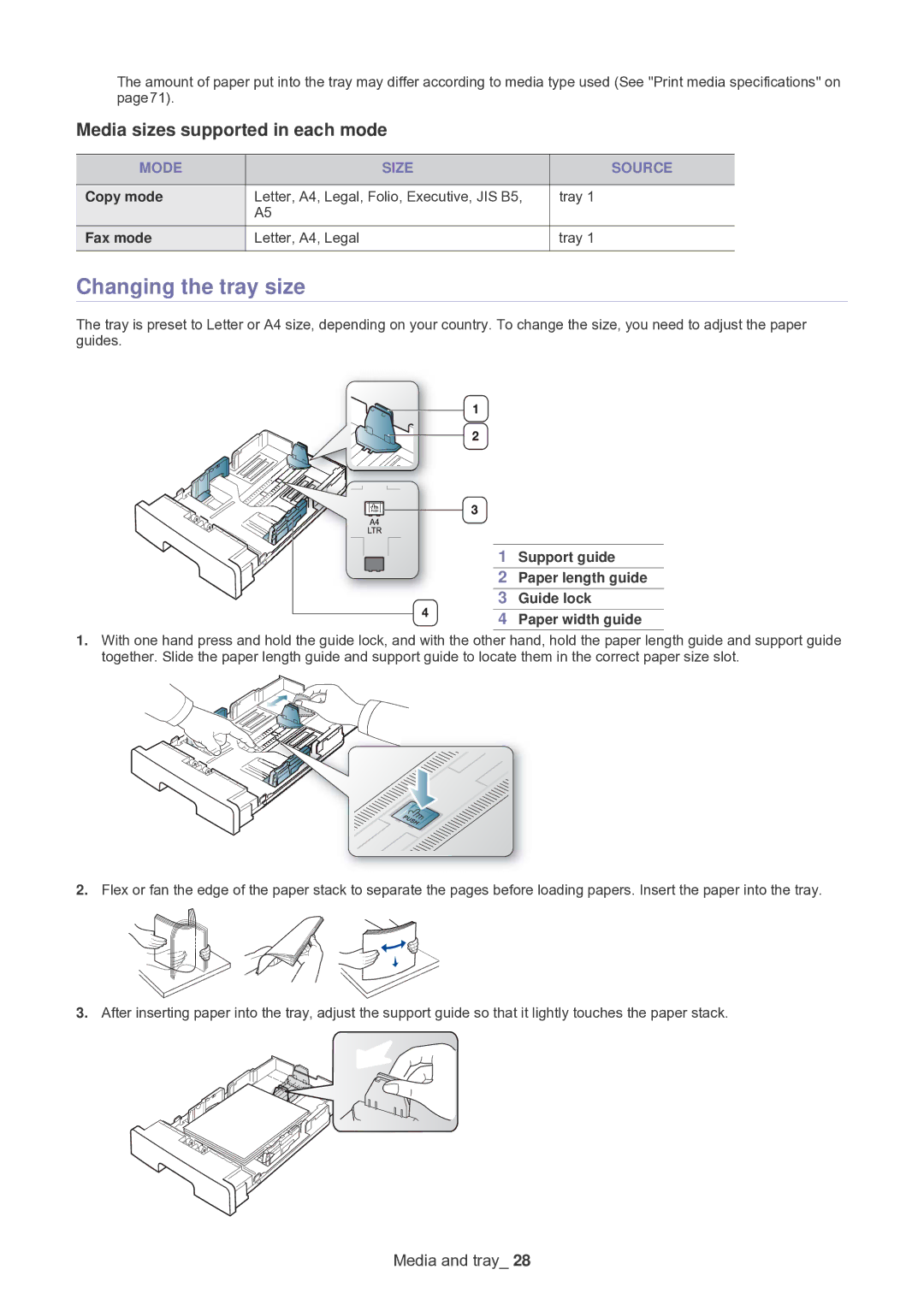 Samsung SF-650 manual Changing the tray size, Media sizes supported in each mode, Mode Size Source, Copy mode, Fax mode 