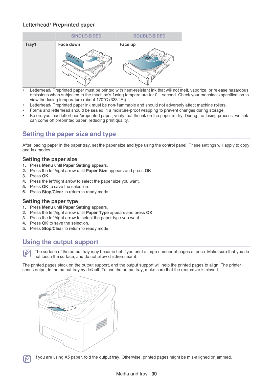 Samsung SF-650 manual Setting the paper size and type, Using the output support, Letterhead/ Preprinted paper 