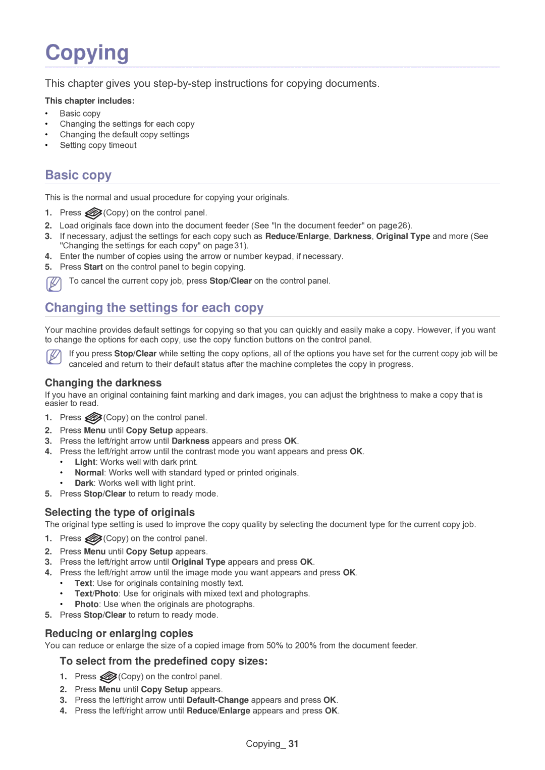 Samsung SF-650 manual Copying, Basic copy, Changing the settings for each copy 