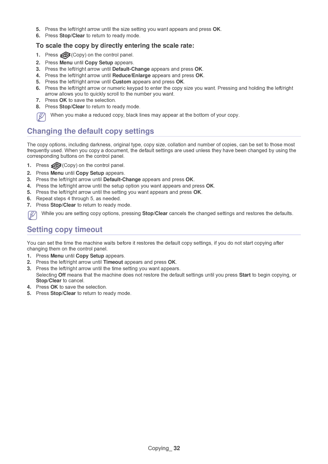 Samsung SF-650 manual Changing the default copy settings, Setting copy timeout 