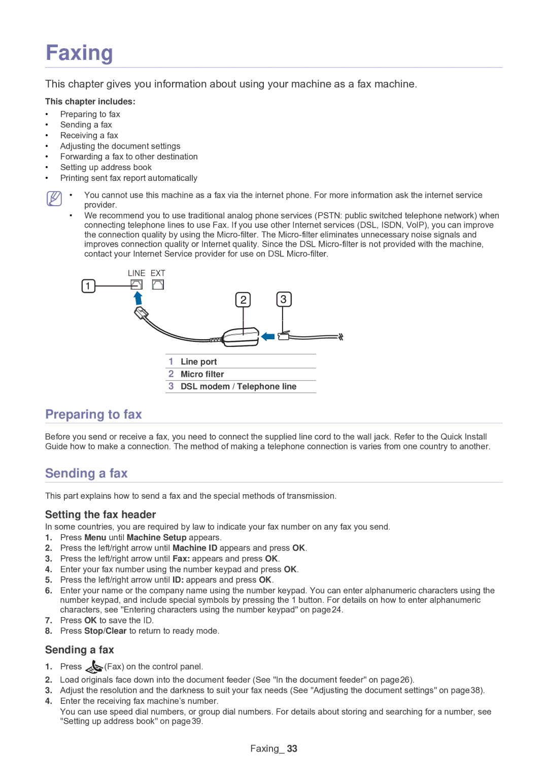 Samsung SF-650 manual Faxing, Preparing to fax, Sending a fax, Setting the fax header 