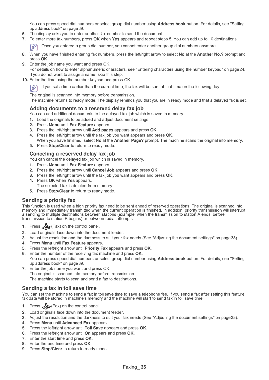 Samsung SF-650 Adding documents to a reserved delay fax job, Canceling a reserved delay fax job, Sending a priority fax 