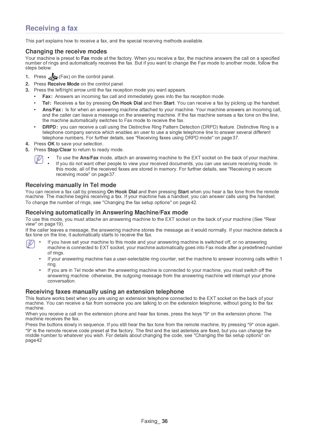 Samsung SF-650 Receiving a fax, Changing the receive modes, Receiving manually in Tel mode 