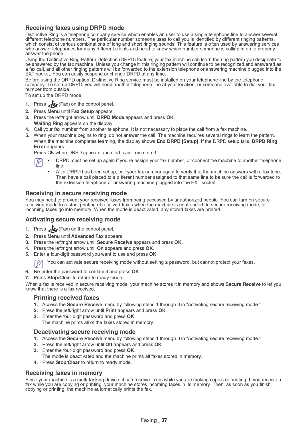 Samsung SF-650 manual Receiving faxes using Drpd mode, Receiving in secure receiving mode, Activating secure receiving mode 