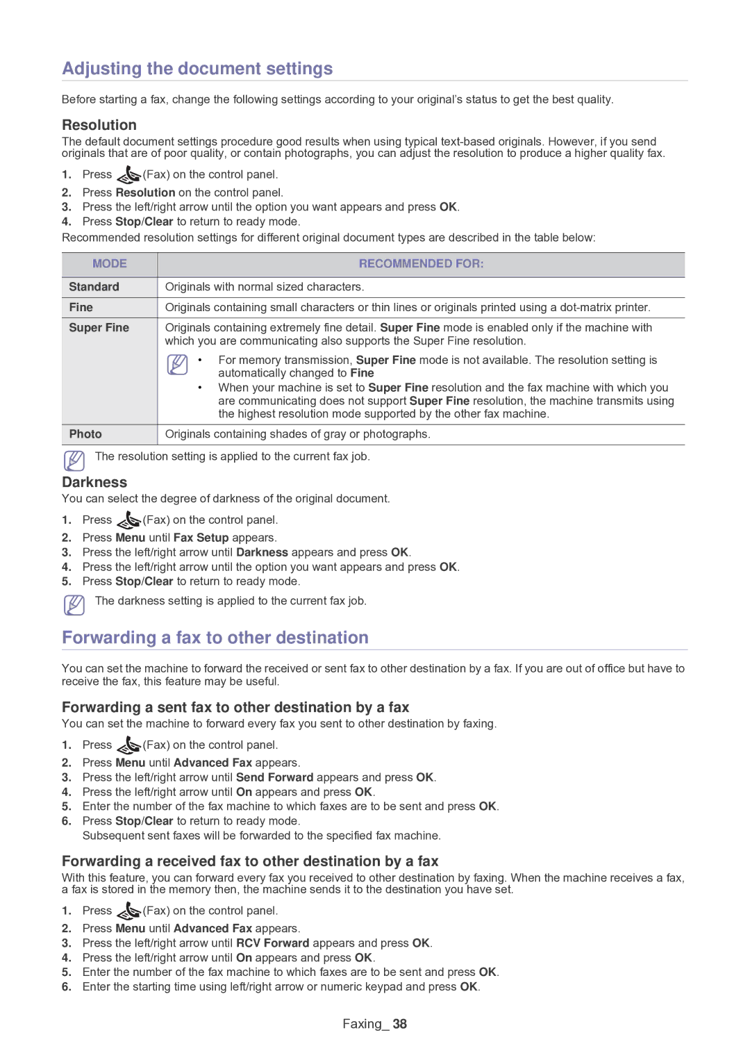 Samsung SF-650 manual Adjusting the document settings, Forwarding a fax to other destination 