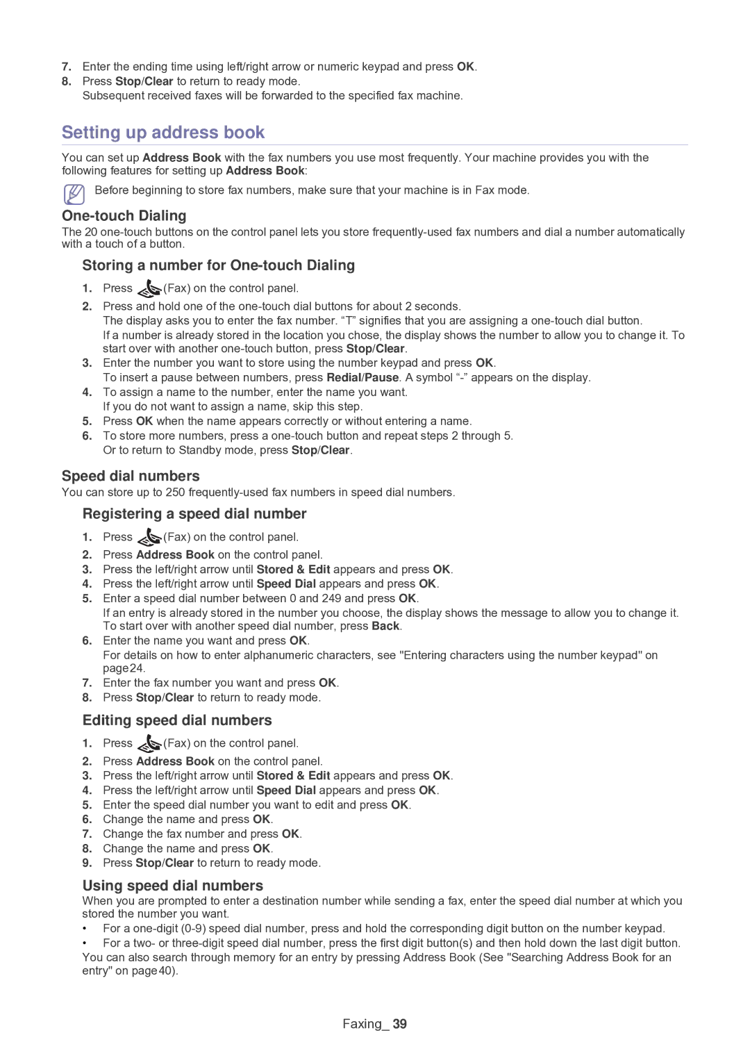 Samsung SF-650 manual Setting up address book 