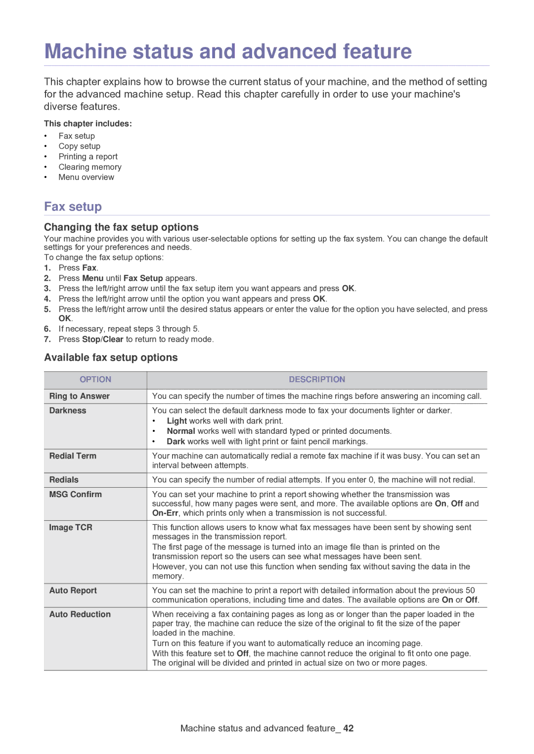 Samsung SF-650 Machine status and advanced feature, Fax setup, Changing the fax setup options, Available fax setup options 