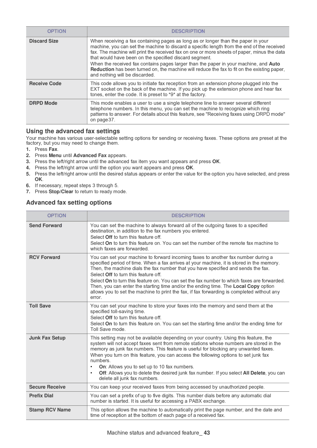 Samsung SF-650 manual Using the advanced fax settings, Advanced fax setting options 