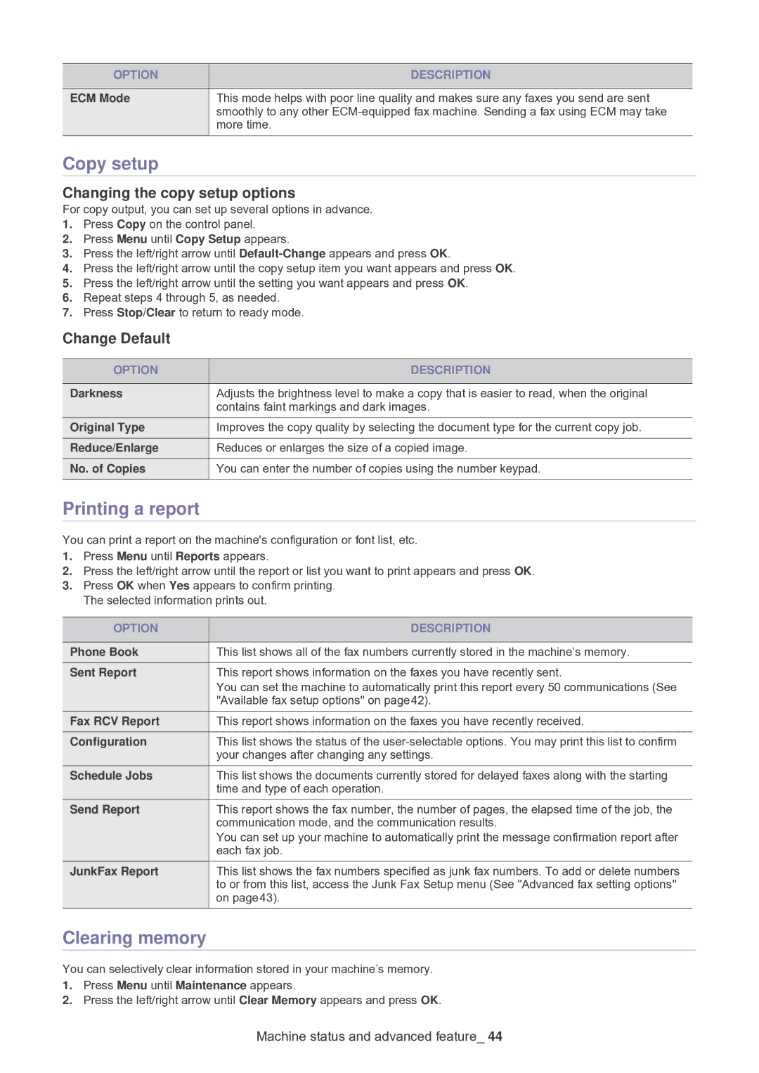 Samsung SF-650 manual Copy setup, Printing a report, Clearing memory, Changing the copy setup options, Change Default 