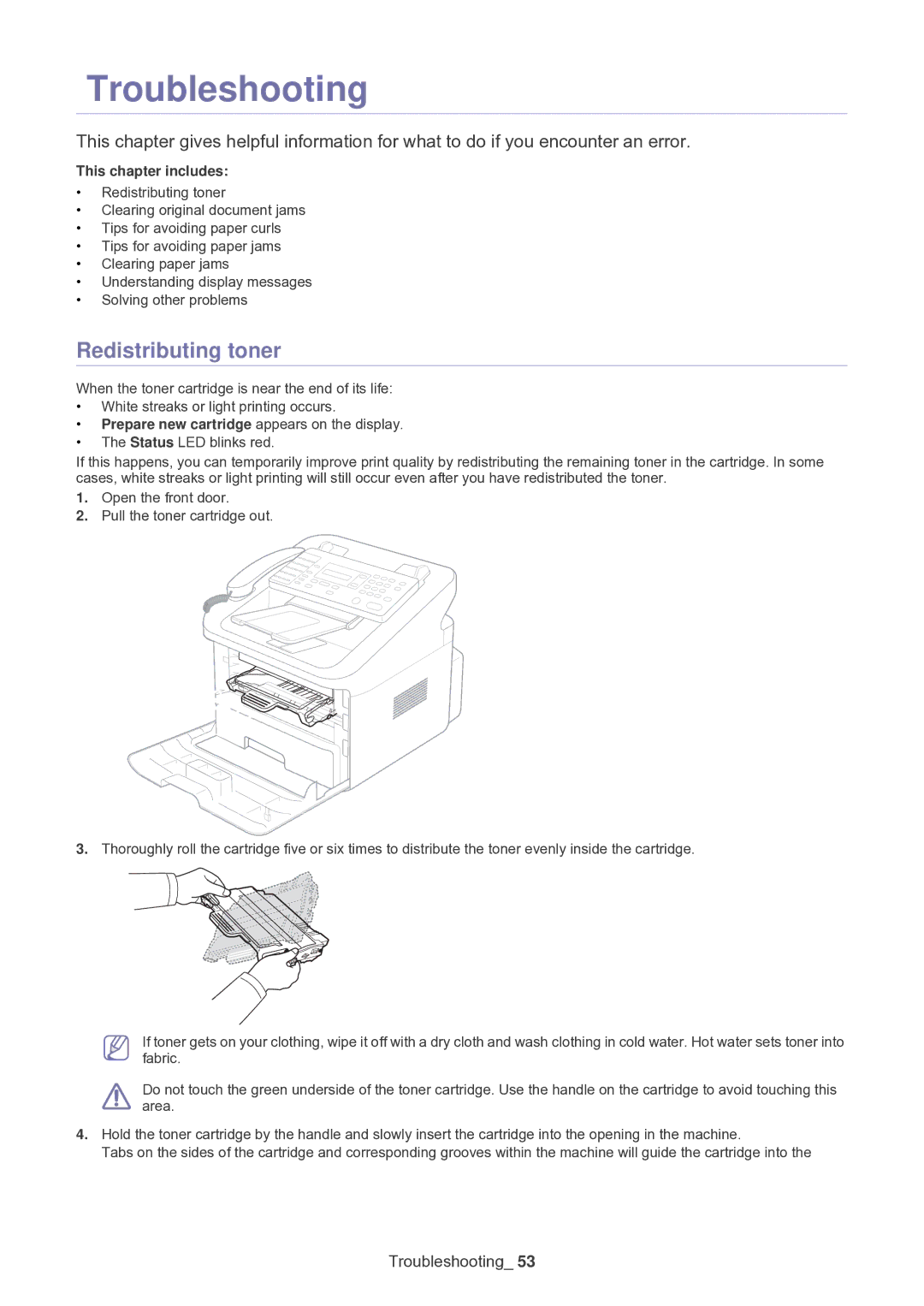 Samsung SF-650 manual Troubleshooting, Redistributing toner 