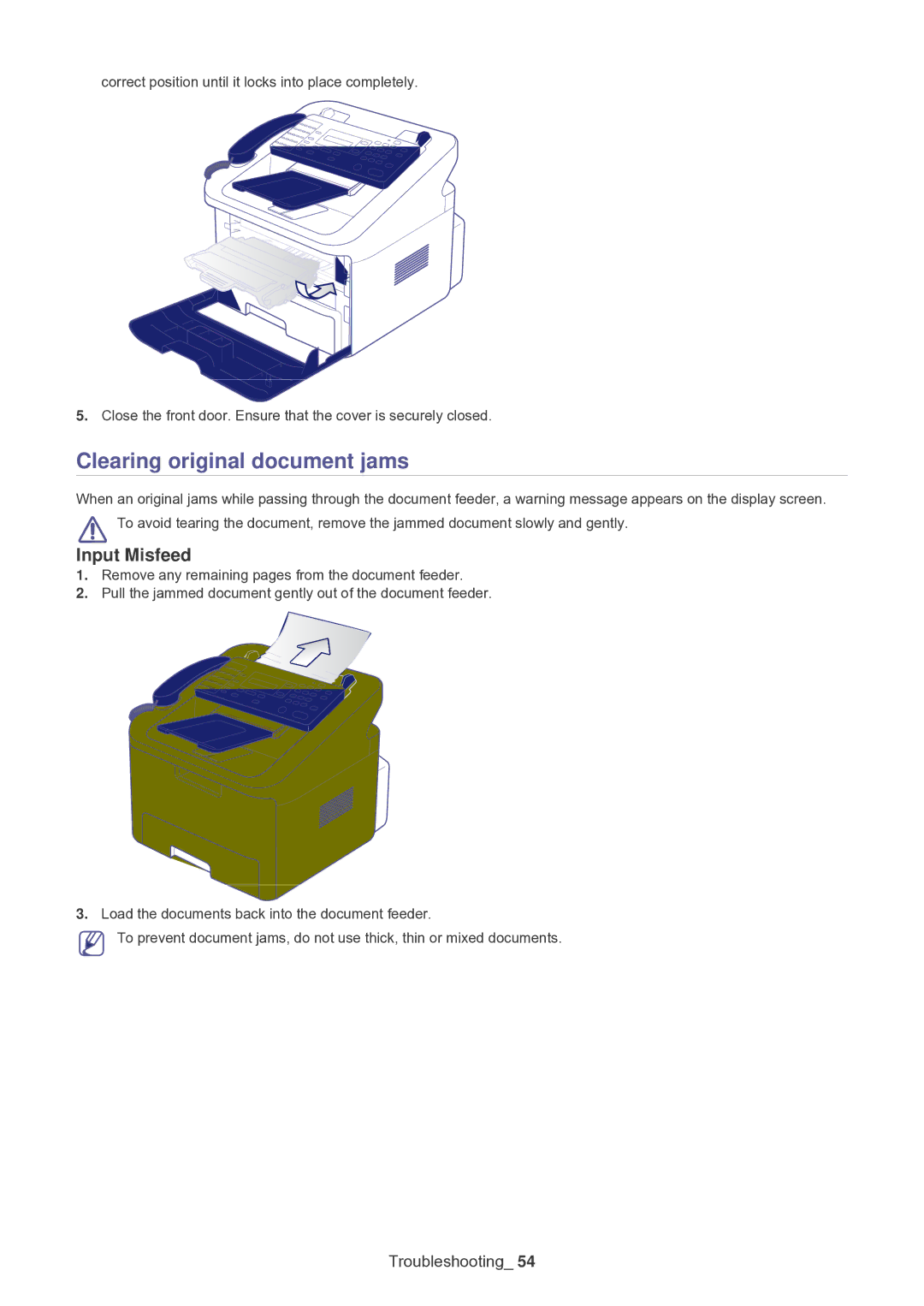 Samsung SF-650 manual Clearing original document jams, Input Misfeed 