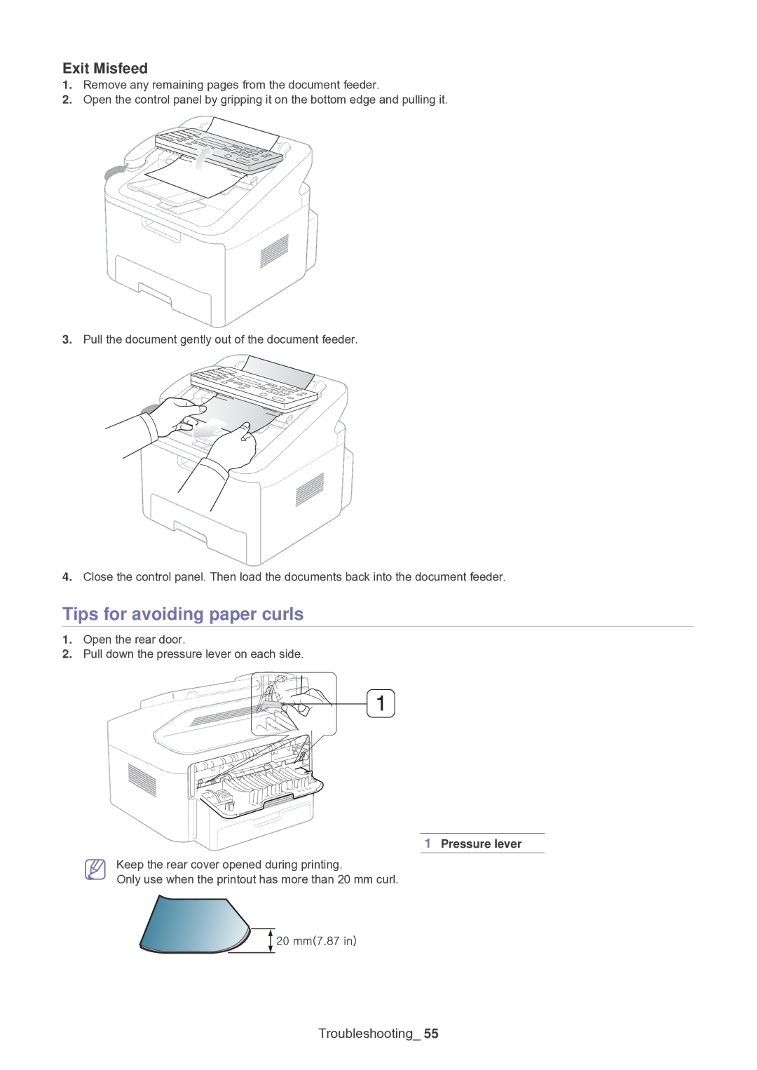 Samsung SF-650 manual Tips for avoiding paper curls, Exit Misfeed, Pressure lever 