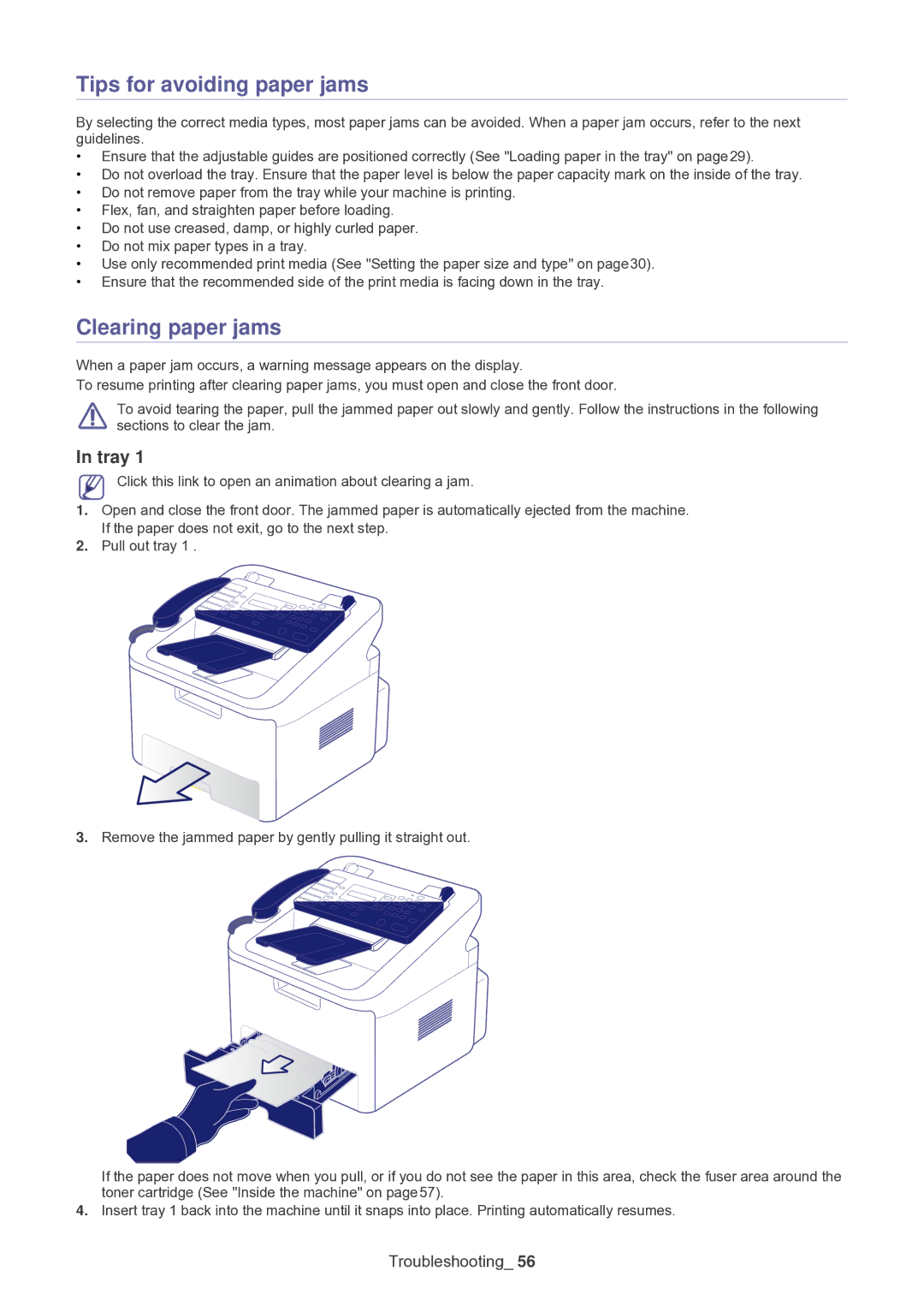 Samsung SF-650 manual Tips for avoiding paper jams, Clearing paper jams 